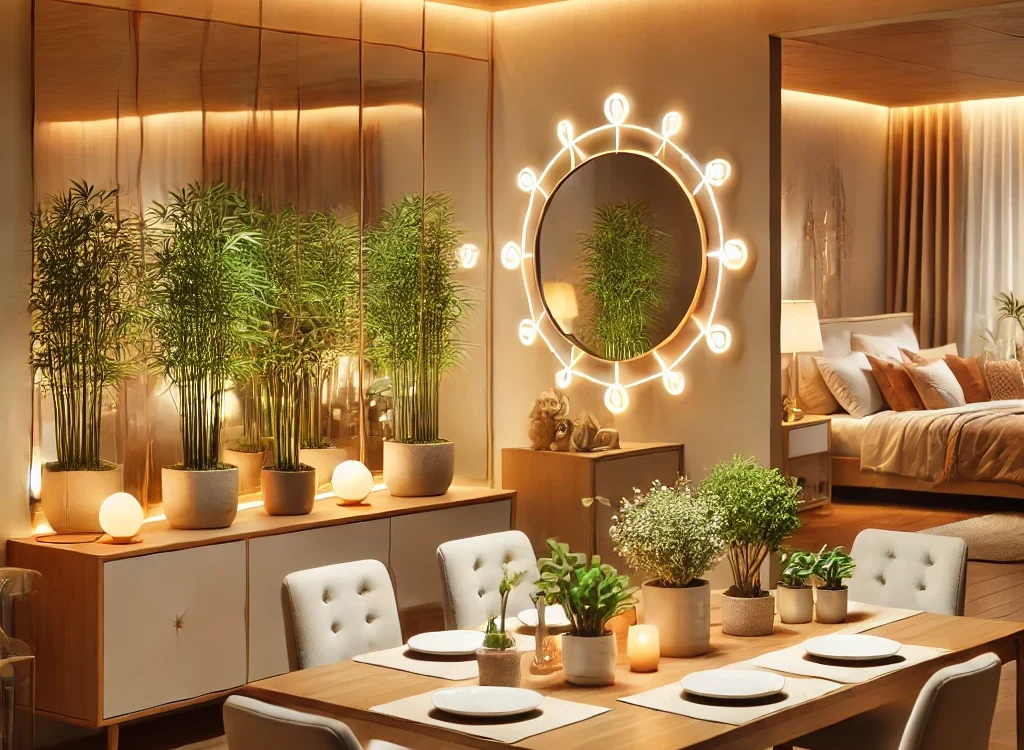 DALL·E 2024 10 24 11.03.08 A cozy home interior with Vastu enhancements. The dining area features a strategically placed mirror reflecting positive energy and expanding the visu