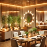 DALL·E 2024 10 24 11.03.08 A cozy home interior with Vastu enhancements. The dining area features a strategically placed mirror reflecting positive energy and expanding the visu