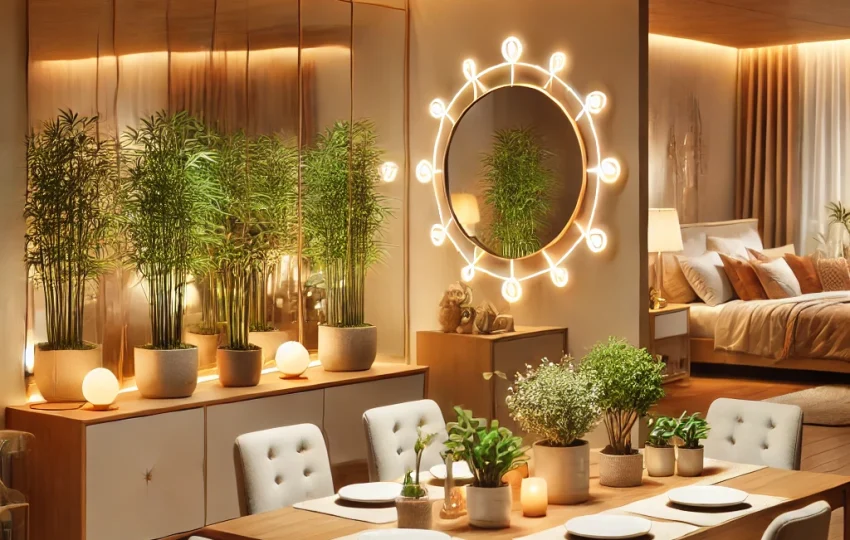 DALL·E 2024 10 24 11.03.08 A cozy home interior with Vastu enhancements. The dining area features a strategically placed mirror reflecting positive energy and expanding the visu