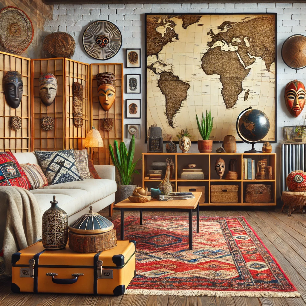 Travel-Inspired Home Decor: Bringing Adventures Indoors 2 DALL·E 2024 12 01 11.37.01 A beautifully designed living room with travel inspired decor featuring a Moroccan rug a Japanese shoji screen African tribal masks and vintage tr