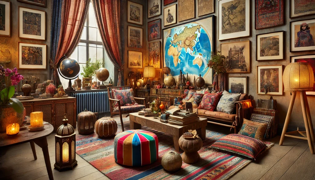 Travel-Inspired Home Decor: Bringing Adventures Indoors 3 DALL·E 2024 12 01 11.39.55 A visually stunning and eclectic interior design scene featuring travel inspired decor elements. The room includes maps and globes displayed on the wa 1