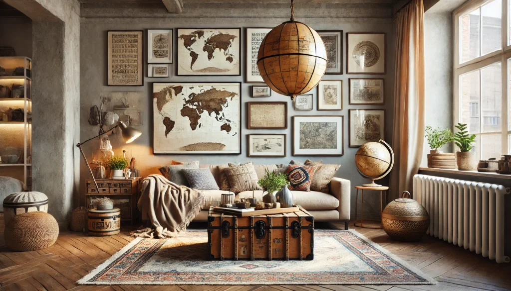 Travel-Inspired Home Decor: Bringing Adventures Indoors 6 DALL·E 2024 12 01 12.27.01 A cozy and stylish living room that seamlessly integrates travel decor. The design includes a muted color palette with earthy tones featuring a decor