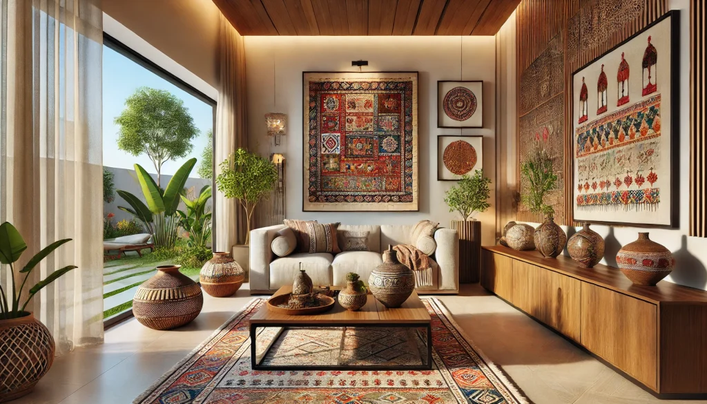 Travel-Inspired Home Decor: Bringing Adventures Indoors 5 DALL·E 2024 12 01 12.31.58 A beautifully designed modern living room showcasing the incorporation of local crafts and artisan pieces. The room features a handwoven rug with intr 1