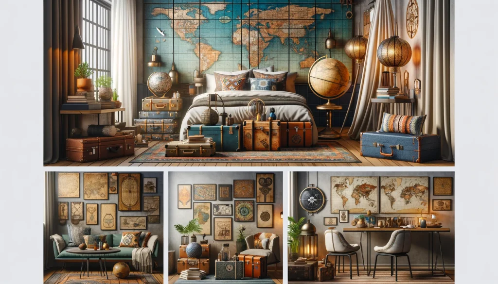 Travel-Inspired Home Decor: Bringing Adventures Indoors 4 DALL·E 2024 12 02 13.16.38 A travel themed interior design concept for various rooms 1 Living Room Styled like a cozy global lounge with a vintage globe a large world map wa 1
