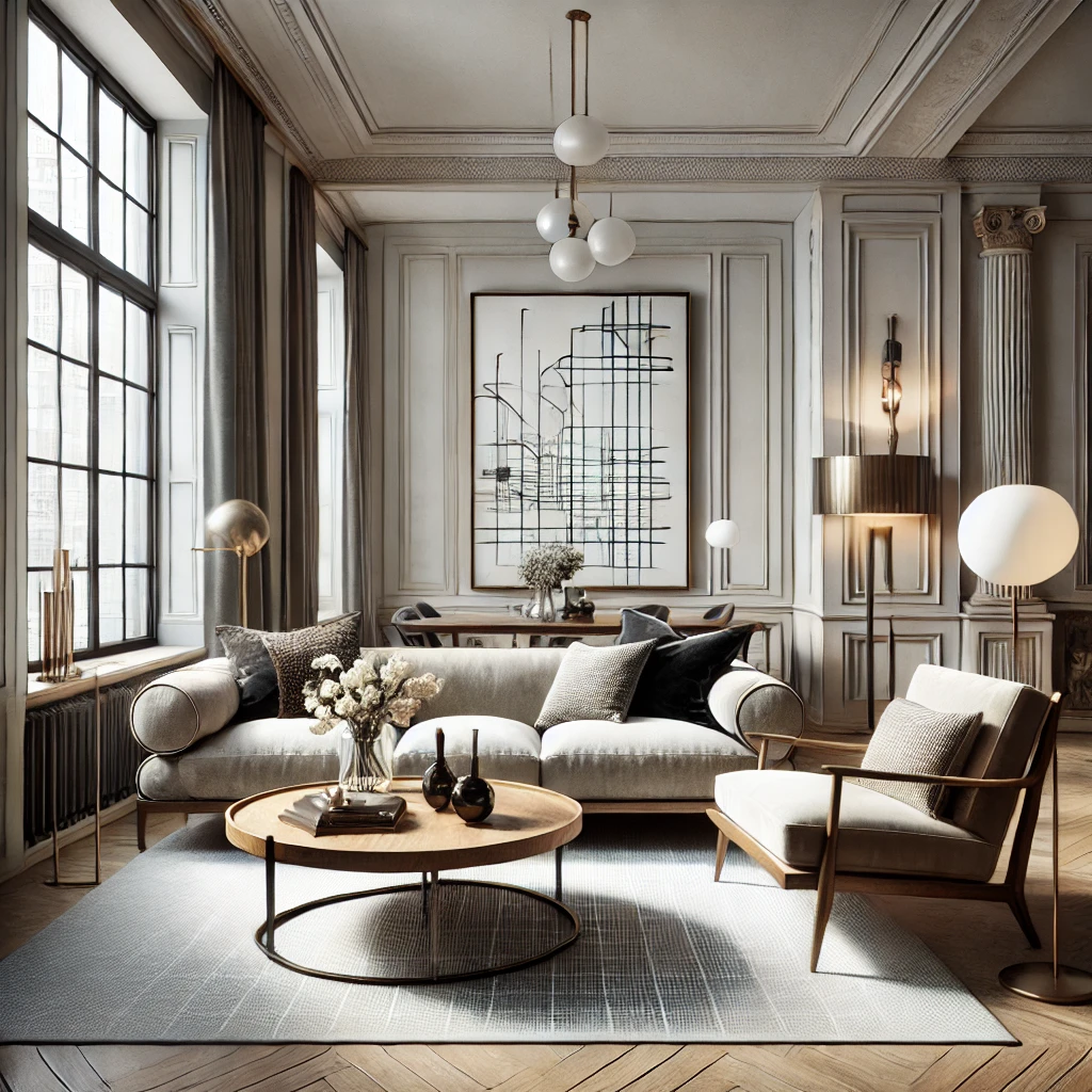 British Interior Designers to Know Right Now 6 DALL·E 2024 12 08 11.01.42 A sophisticated interior design by Juliette Byrne featuring a blend of classic and contemporary elements. The space includes a sleek modern sofa with
