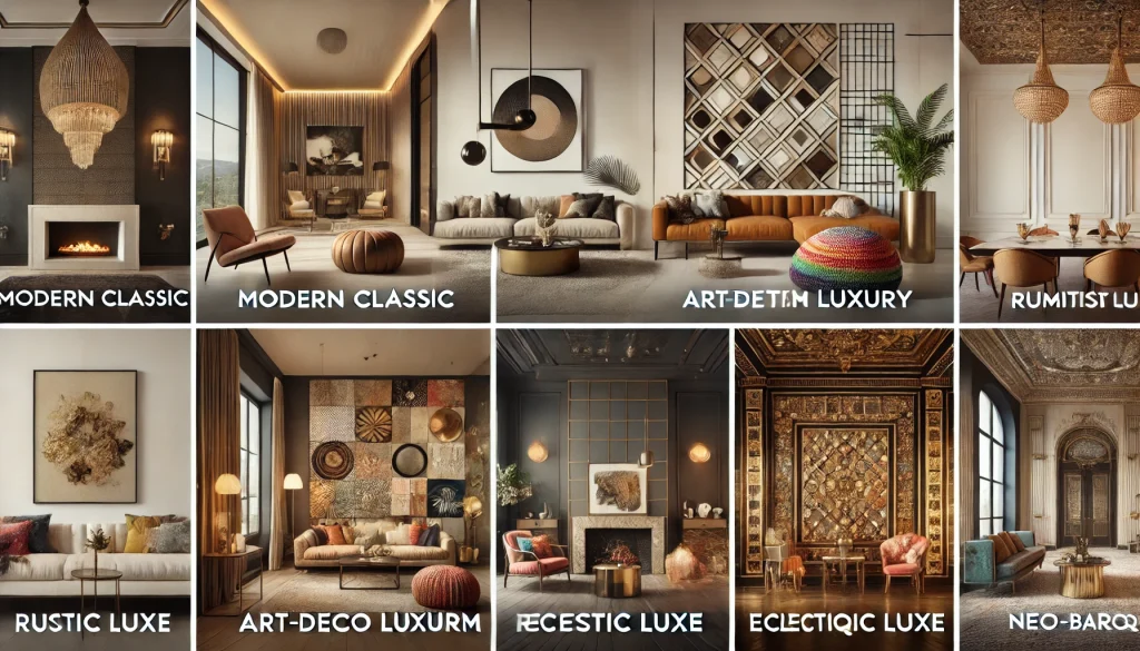 Luxury Interior Design Themes for Home 3 DALL·E 2025 01 09 16.10.43 A visually striking collage showcasing diverse luxury interior design styles Modern Classic Luxury Minimalist Luxury Art Deco Glam Rustic Luxury