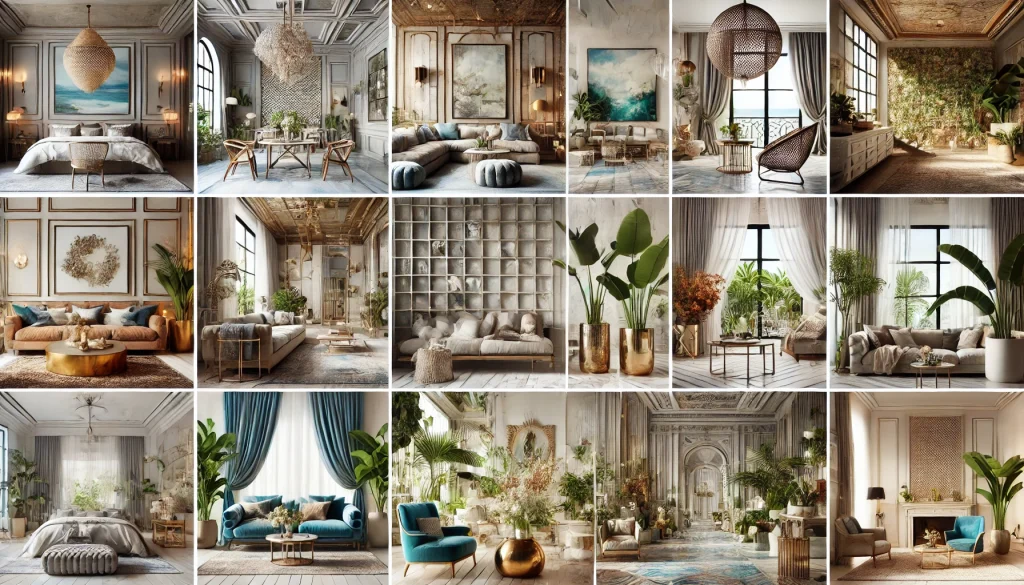 Luxury Interior Design Themes for Home 5 DALL·E 2025 01 09 16.15.09 A visually stunning collage showcasing various interior design styles Contemporary Glam with metallic accents and plush textures Coastal Luxury feat
