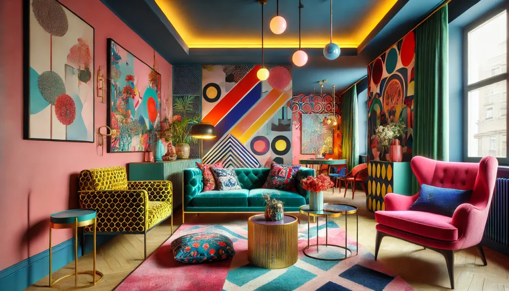 Luxury Interior Design Themes for Home 2 DALL·E 2025 01 09 16.16.46 A vibrant interior design scene created by a London based studio known for bold and eclectic designs. The room features vibrant colors and dynamic pat