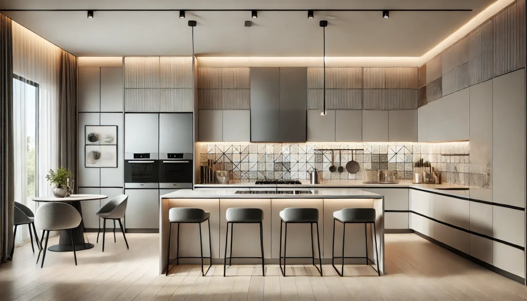 3bhk designed by the best interior designers in Mumbai! 4 DALL·E 2025 01 13 15.40.11 A modern kitchen design featuring an open concept layout. The kitchen has sleek minimalist cabinetry with a matte finish in neutral tones like white