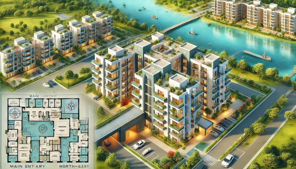 3bhk designed by the best interior designers in Mumbai! 2 DALL·E 2025 01 13 15.41.43 A detailed artistic rendering of a modern apartment complex with square or rectangular shaped buildings located near a large water body such as a ser