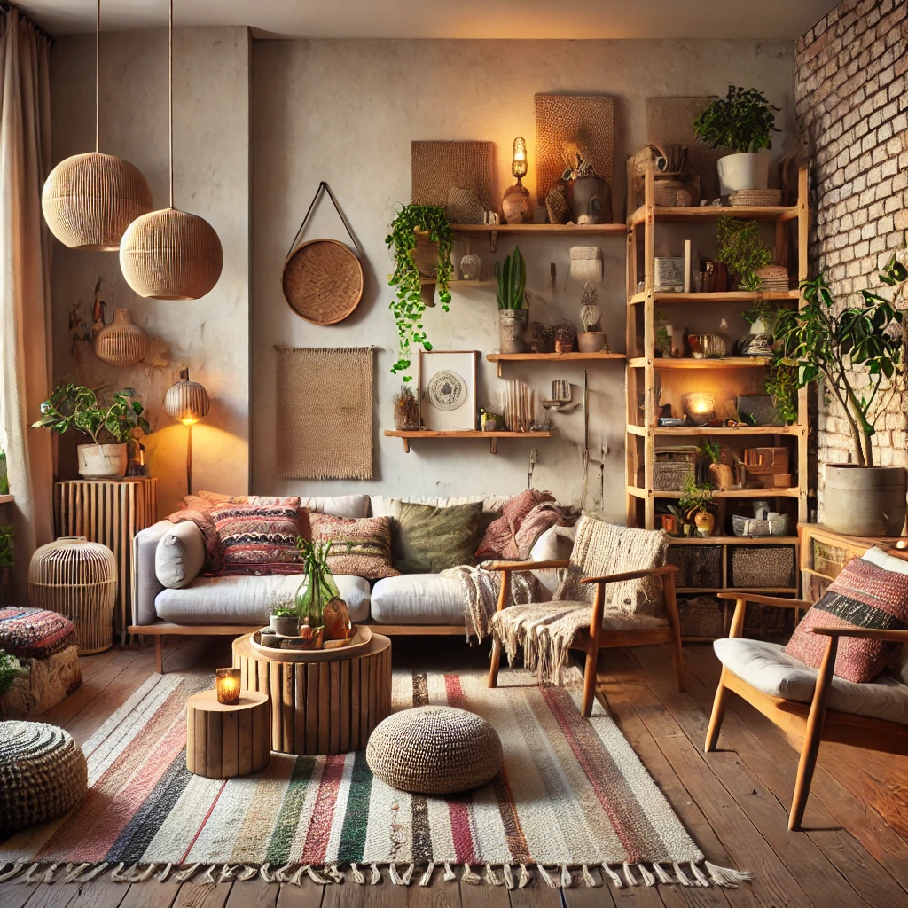 Luxury Interior Design for Your 4BHK Home 4 DALL·E 2025 01 15 17.56.41 A cozy living room with a modern design using affordable materials. The room features a combination of reclaimed wood furniture colorful woven