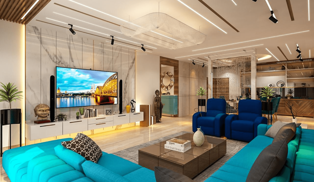 "Luxurious 3BHK interior with marble flooring, ornate moldings, plush seating, gold accents, and grand chandeliers in a contemporary European style."