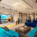 "Luxurious 3BHK interior with marble flooring, ornate moldings, plush seating, gold accents, and grand chandeliers in a contemporary European style."