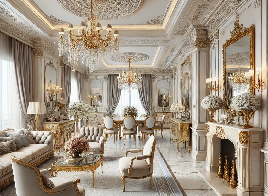 A chic home with classic moldings, elegant furnishings, and a timeless Parisian charm.