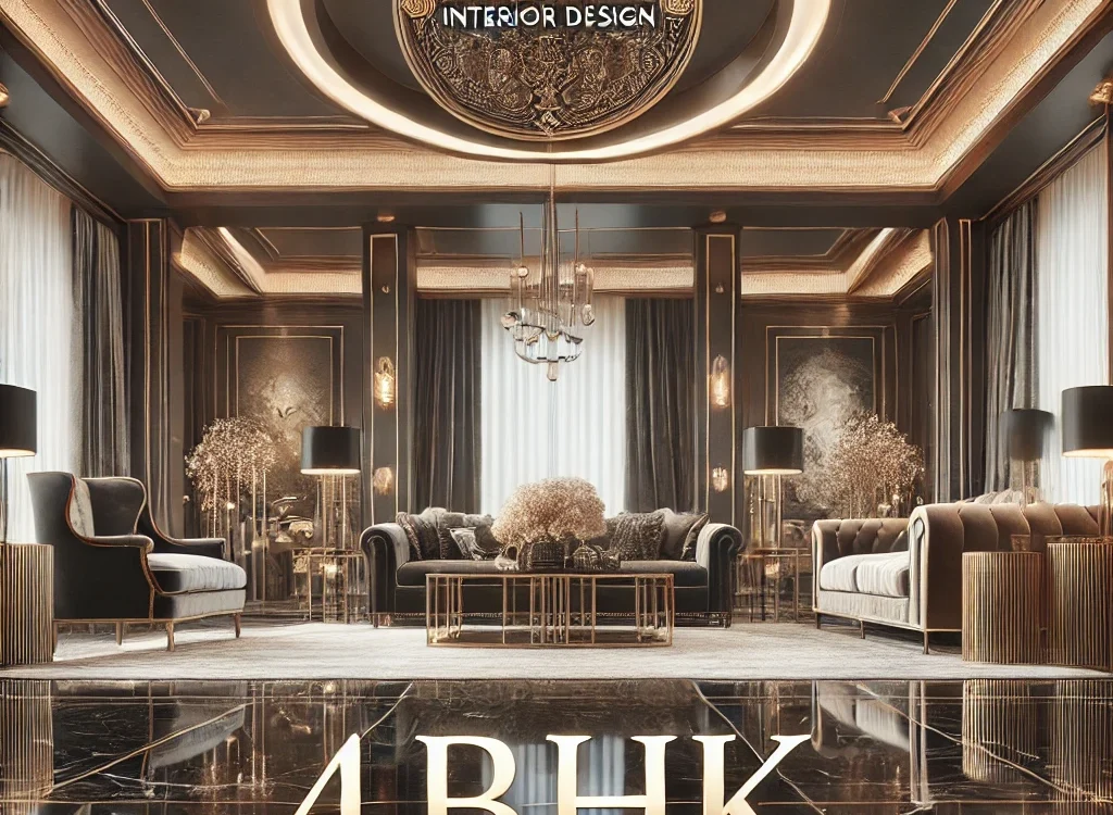 A luxurious 4 BHK living space with premium furniture, gold accents, chandeliers, and elegant wall paneling.