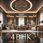 A luxurious 4 BHK living space with premium furniture, gold accents, chandeliers, and elegant wall paneling.