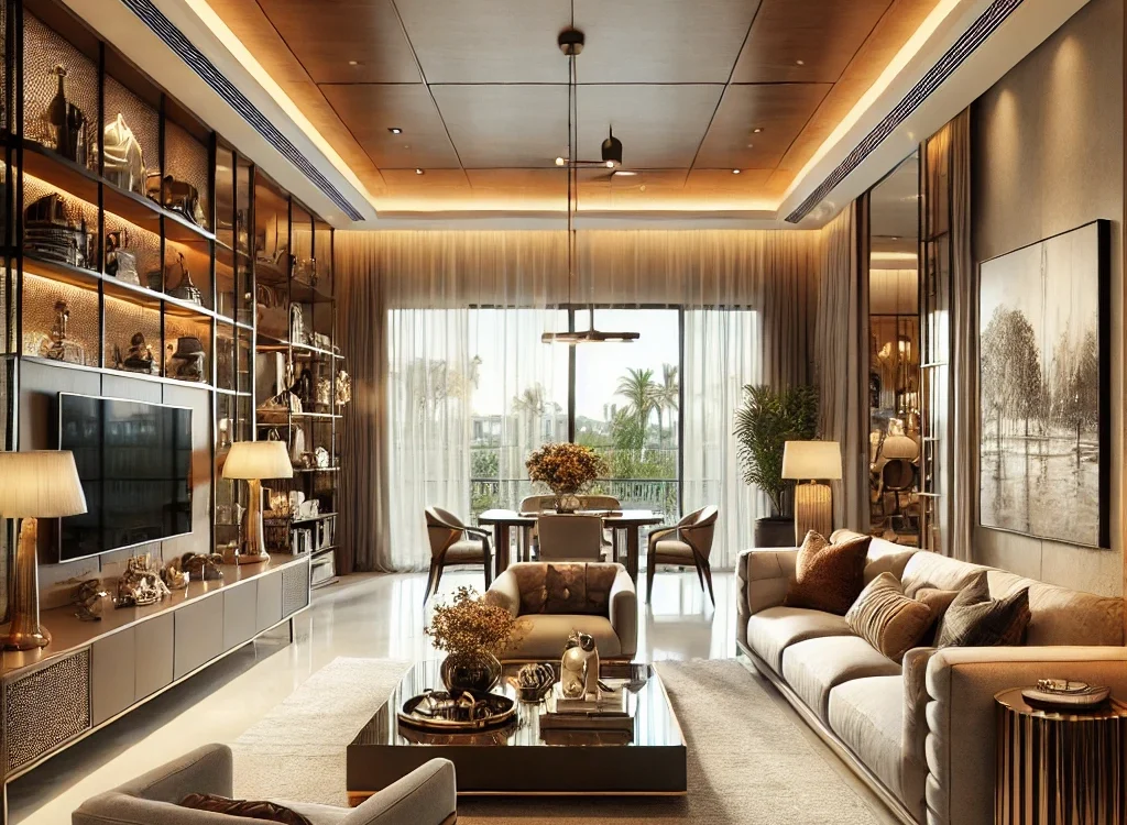 Modern 4BHK interior with stylish furniture, warm lighting, and elegant décor in Mumbai.