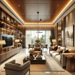 Modern 4BHK interior with stylish furniture, warm lighting, and elegant décor in Mumbai.