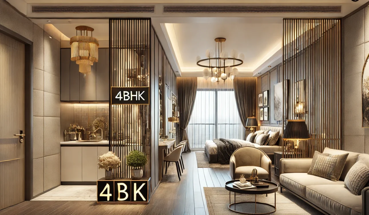 A luxury 4BHK home interior with a modern living room, bedroom, kitchen, bathroom, and wardrobe, designed with budget-friendly elegance