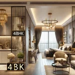A luxury 4BHK home interior with a modern living room, bedroom, kitchen, bathroom, and wardrobe, designed with budget-friendly elegance