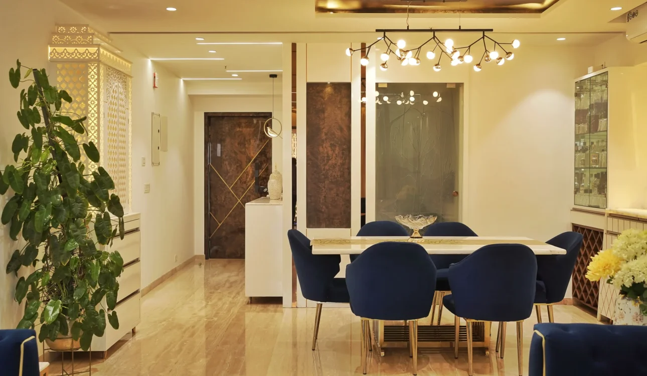 Luxurious 3BHK interior blending Arabic, Modern, and European styles with elegant decor and warm tones.