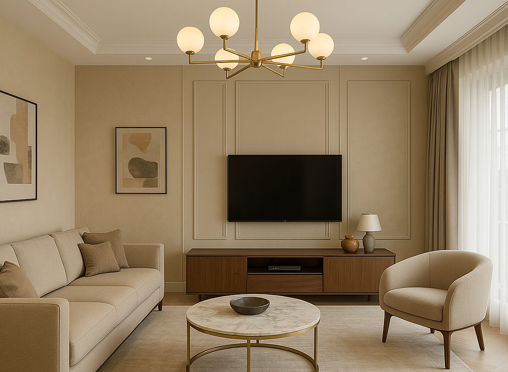 Luxury 3BHK living room with a beige sofa, marble coffee table, and chandelier lighting.