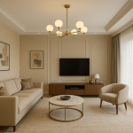 Luxury 3BHK living room with a beige sofa, marble coffee table, and chandelier lighting.