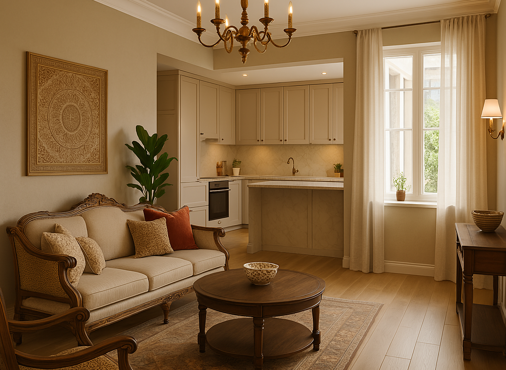 Luxurious 4 BHK living room with modern furniture, soft lighting, and elegant decor in a Mumbai apartment.
