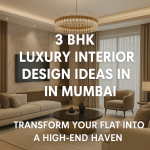 Luxury living room of a 3 BHK flat in Mumbai with beige furniture, gold chandelier, and marble accent wall.