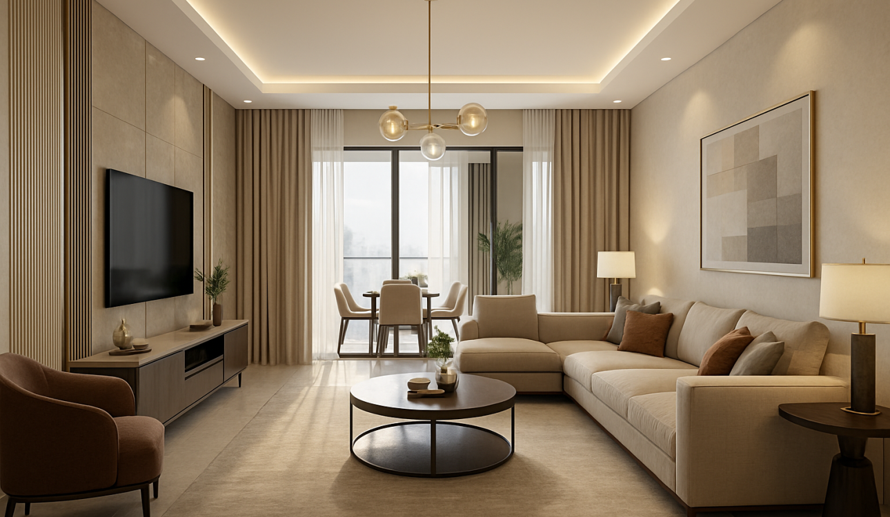 Luxury 4BHK living room designed with affordable interior solutions.