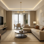 Luxury 4BHK living room designed with affordable interior solutions.