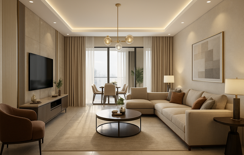 4 BHK Luxury: Affordable Interior Designers in Mumbai 3 Luxury 4BHK living room designed with affordable interior solutions.