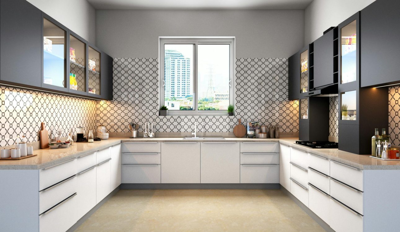 Modern kitchen design 2026 with neutral tones, smart storage, elegant lighting, and minimalist layout
