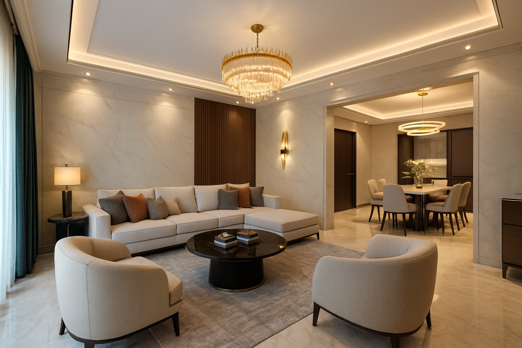 Modern living room with stylish furniture and warm lighting.