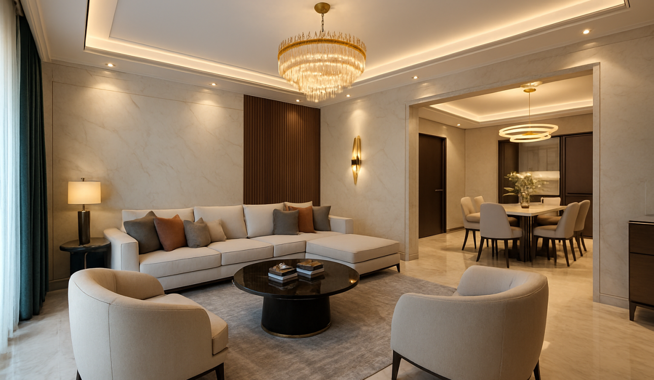 Modern living room with stylish furniture and warm lighting.