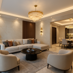 Modern living room with stylish furniture and warm lighting.