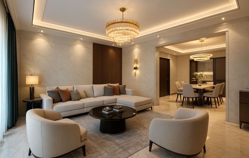 Modern living room with stylish furniture and warm lighting.
