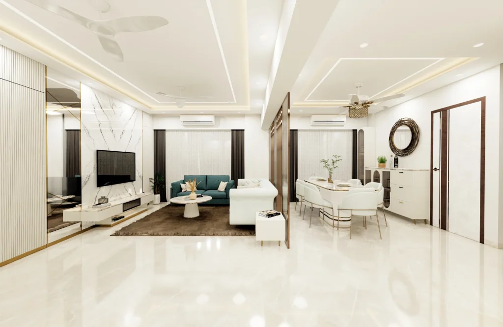 Stylish Living Room Interior Design in Andheri, Mumbai – 2025 3 Arabic-inspired 3BHK living room interior with luxurious furnishings at Aashirwad, Four Bungalows, Andheri West