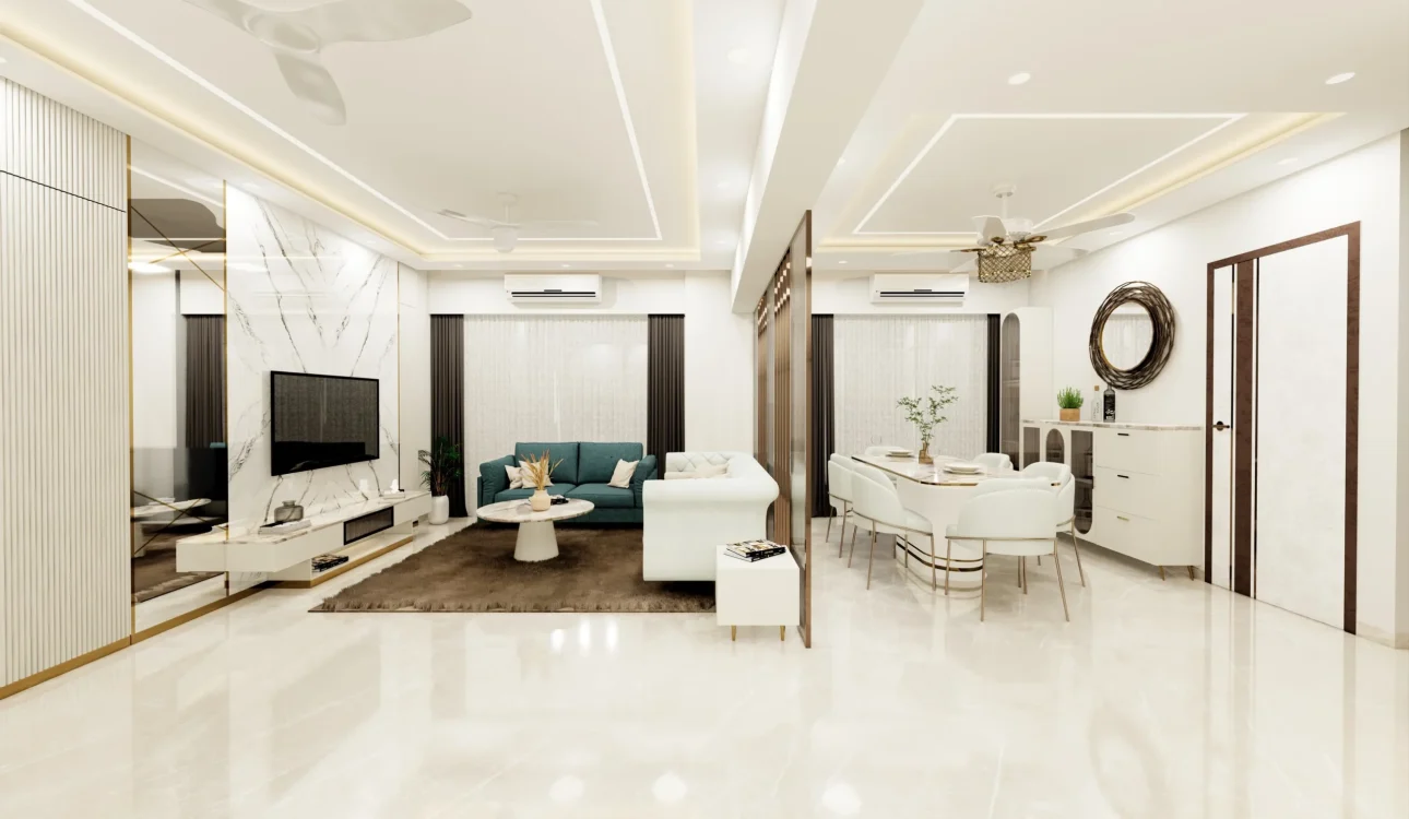 Luxury living room in 4BHK home with velvet sofa, marble floors, artistic lighting, and modern wall decor.