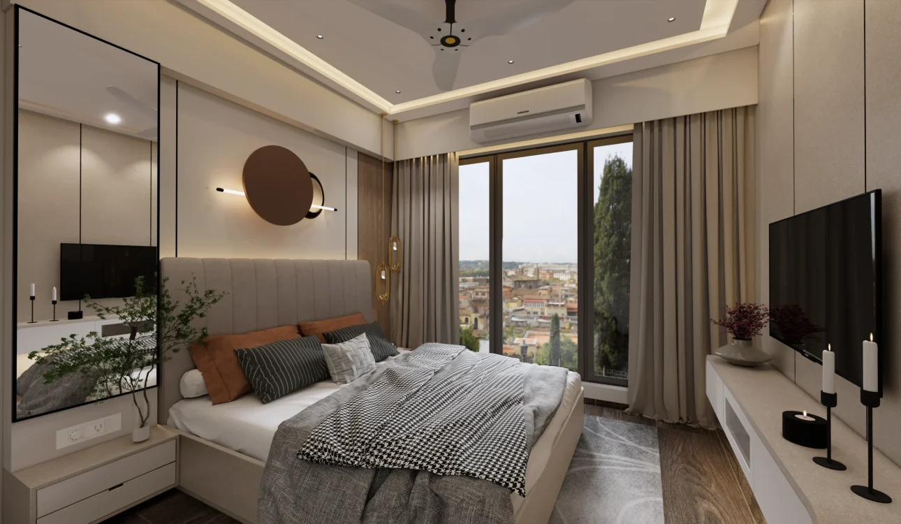 Luxury 3 BHK bedroom design in Andheri, Mumbai with Vastu-compliant layout, earthy tones, and high-end furniture