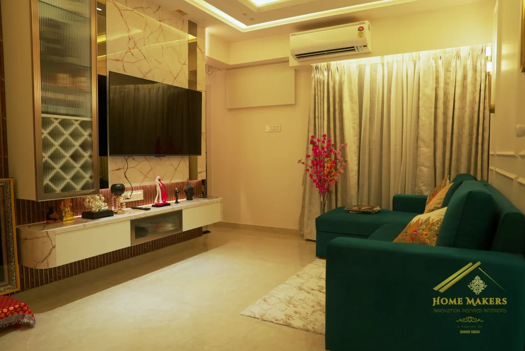 Stylish Living Room Interior Design in Andheri, Mumbai – 2025 2 Elegant 3BHK living room with European-inspired interior design at Mahindra Vicino, Andheri, Mumbai