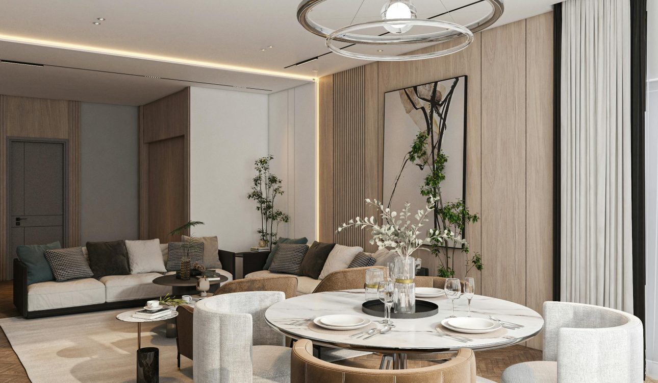 Home Makers Interior elegant modern living room with customised furniture and layered lighting, designed for a stunning home transformation.