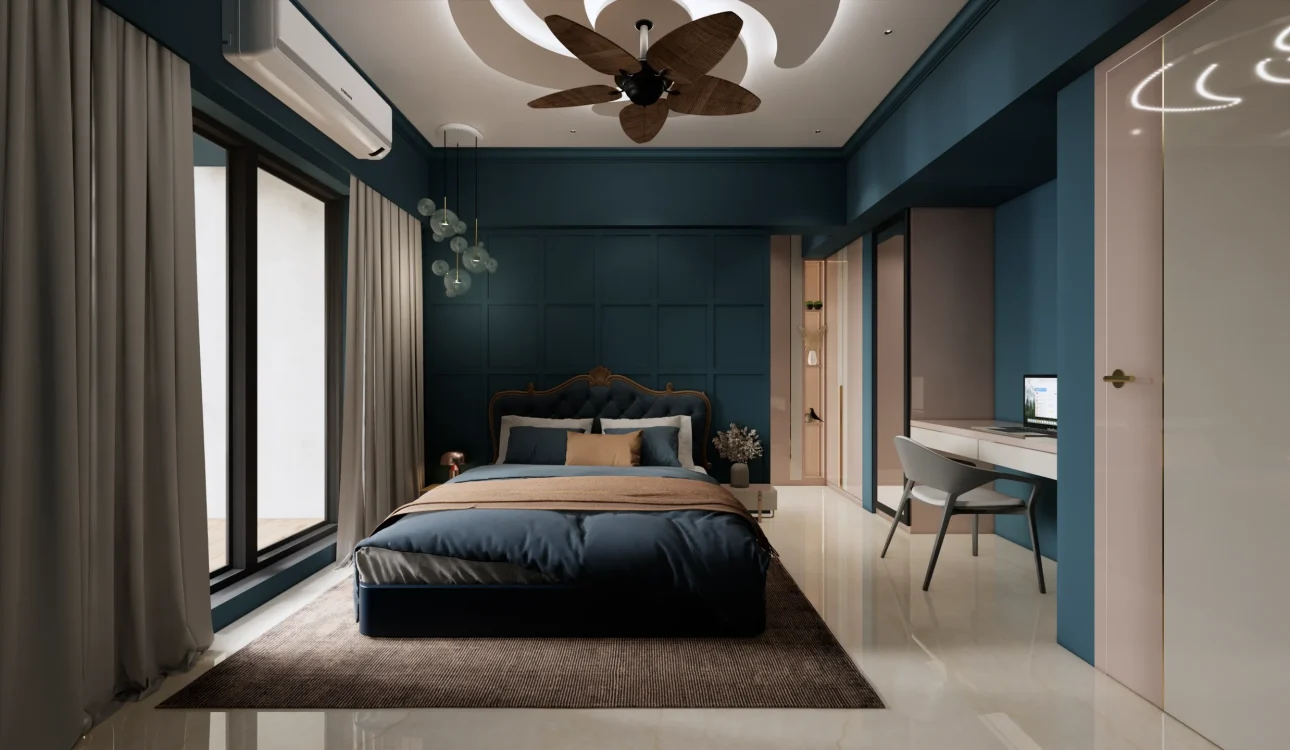 4 BHK luxury bedroom interior design in Versova Mumbai with modern décor and premium finishes