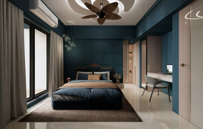 Luxury bedroom interior design in Colaba, Mumbai with elegant furniture, soft lighting, and premium finishes.