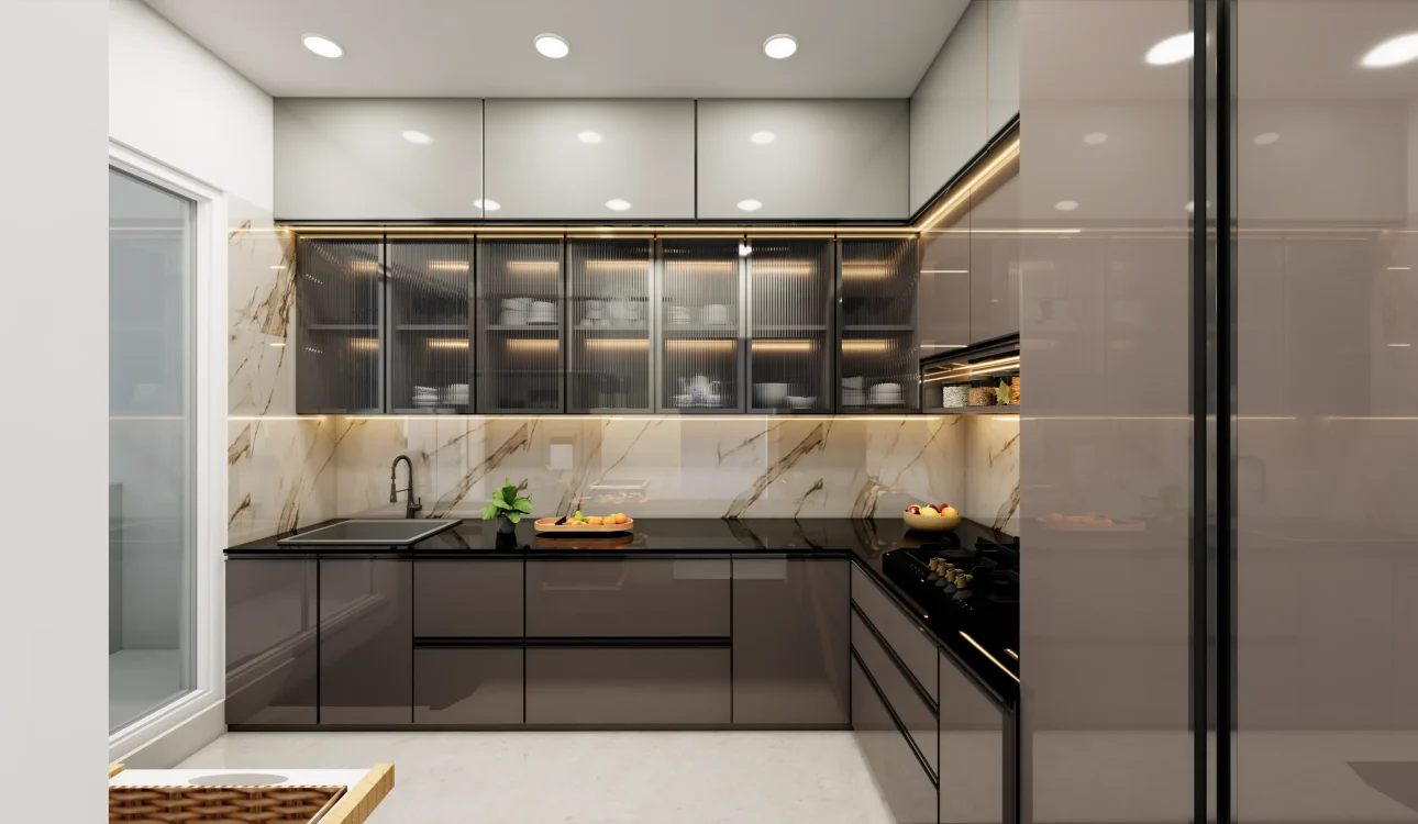 Luxury modular kitchen interior design with island, premium countertop, elegant lighting, and modern storage in a spacious 4 BHK home.