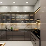Interior design for a modular kitchen in Kurla, Mumbai with modular cabinets, neutral color palette, smart storage solutions, and stylish lighting for urban homes.