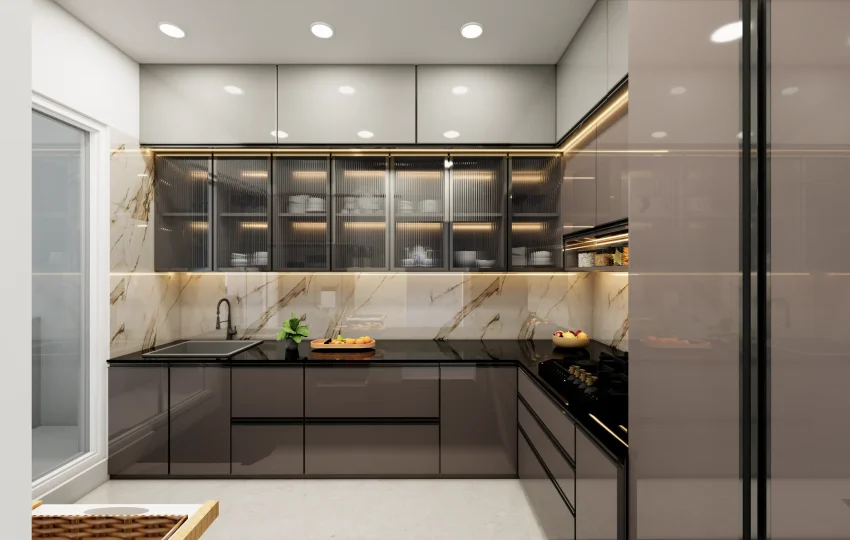 Interior design for a modular kitchen in Kurla, Mumbai with modular cabinets, neutral color palette, smart storage solutions, and stylish lighting for urban homes.