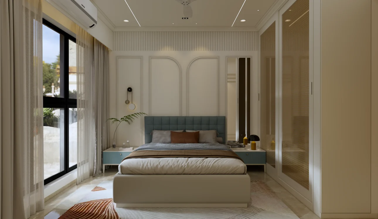 Modern bedroom interior design with earthy tones, layered lighting, textured walls, and luxury decor trends for 2026