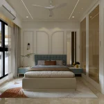 Modern bedroom interior design with earthy tones, layered lighting, textured walls, and luxury decor trends for 2026