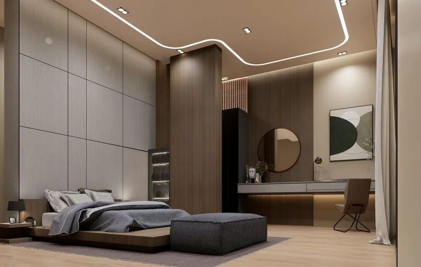 Luxury modern bedroom design featuring elegant neutral tones, statement headboard, smart lighting, and minimalist furniture — 2025 interior trend.